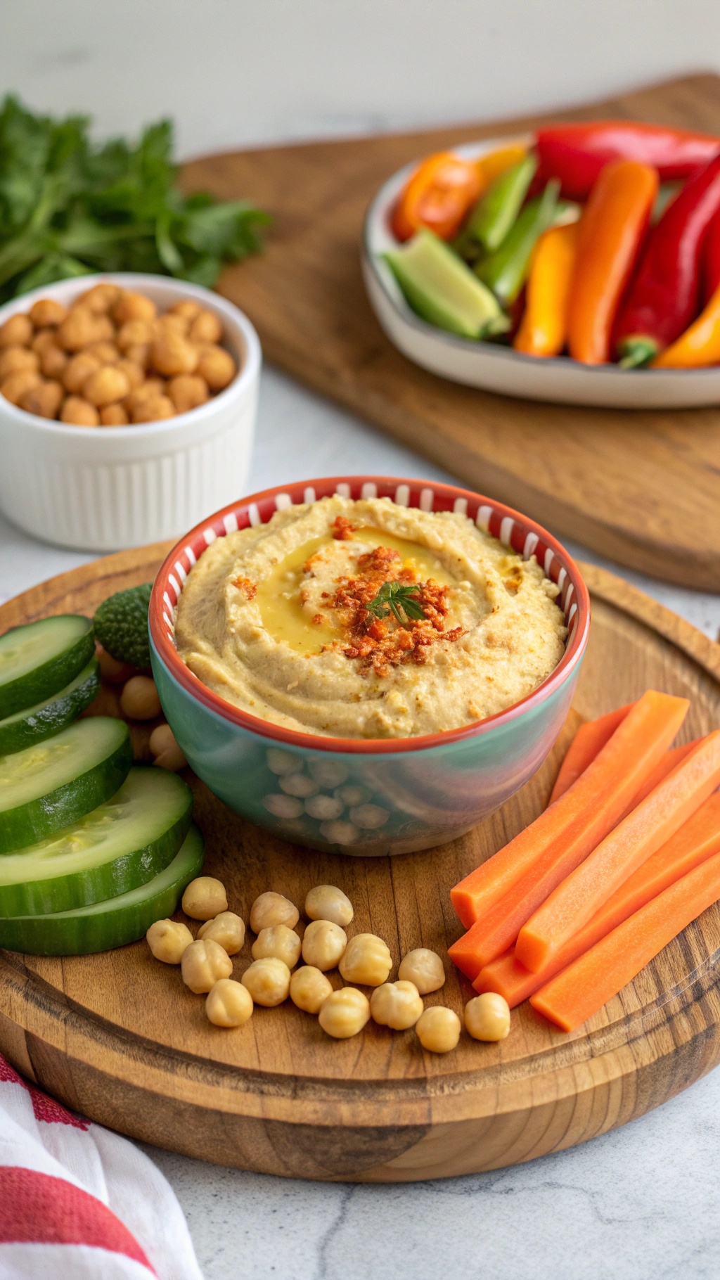 Chickpea hummus served with fresh vegetables on a wooden platter.