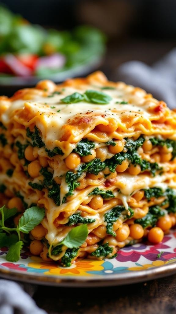 A delicious chickpea lasagna layered with spinach and cheese, served on a colorful plate.