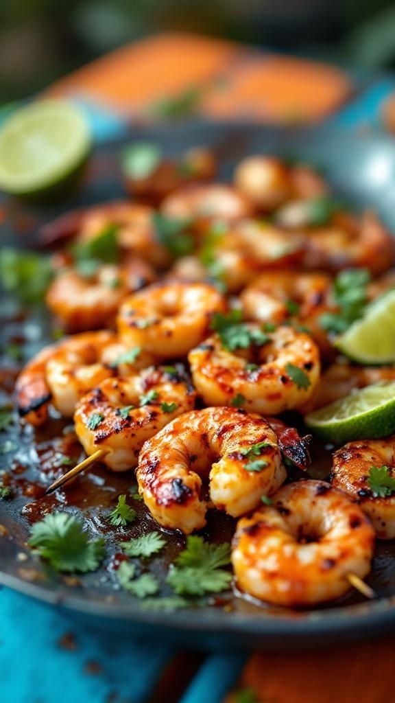 Chili-lime grilled shrimp skewers garnished with cilantro and lime slices on a plate.