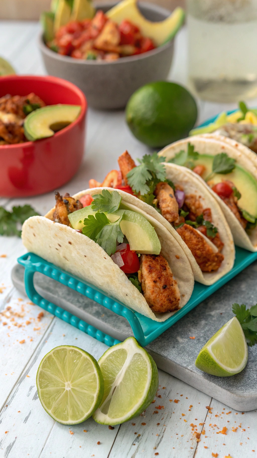 Chili lime chicken tacos with fresh ingredients and lime slices