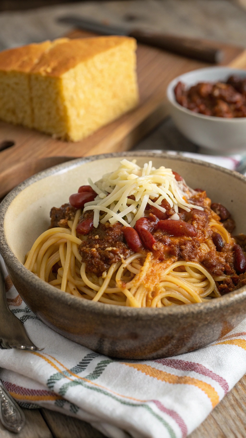 A bowl of chili spaghetti topped with cheese and kidney beans, served with cornbread.