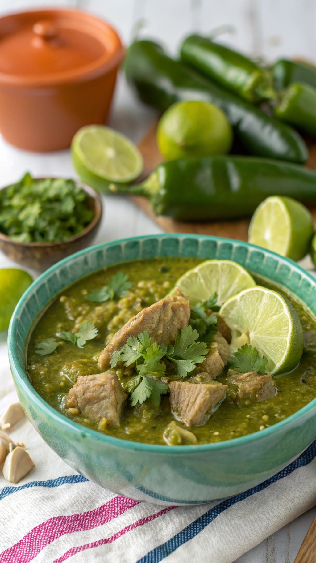 A bowl of Chili Verde with pork, garnished with lime and cilantro, surrounded by fresh ingredients.
