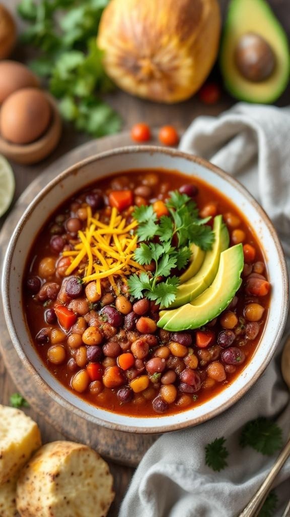 A bowl of spicy vegan chili with kidney beans, topped with avocado slices and cilantro, alongside crusty bread.