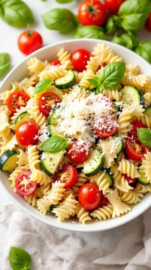 A bowl of chilled pasta salad with pesto, cherry tomatoes, and zucchini, garnished with fresh basil.