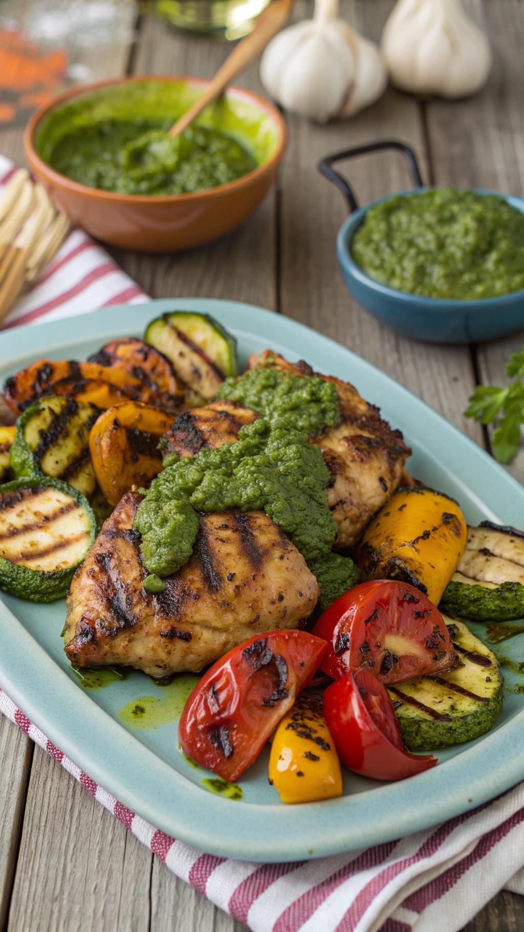 Grilled chicken thighs topped with chimichurri sauce, served with grilled vegetables.