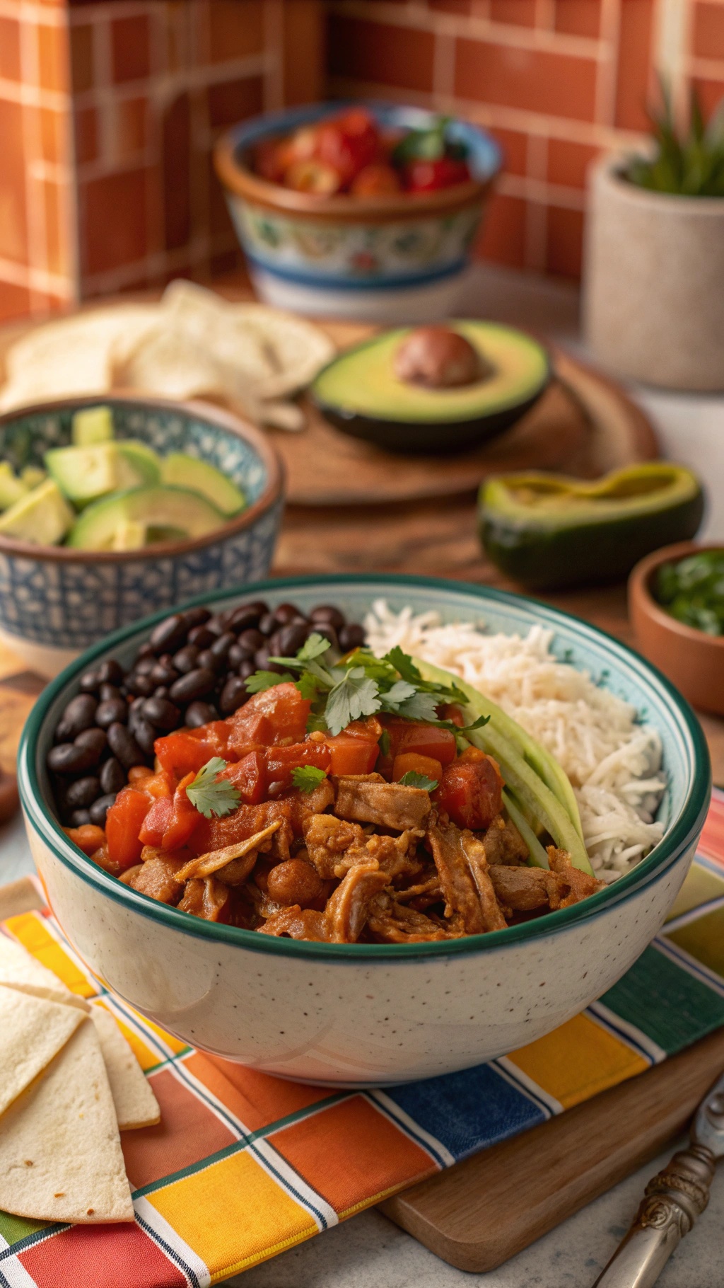 A bowl of chipotle chicken served with black beans, rice, tomatoes, and avocado on a colorful tablecloth.