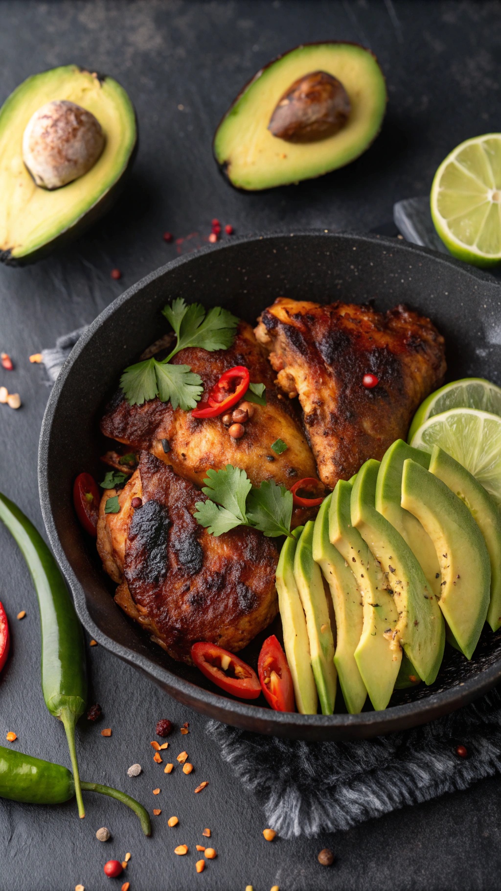 Delicious chipotle chicken thighs served with avocado slices, garnished with cilantro and lime wedges.