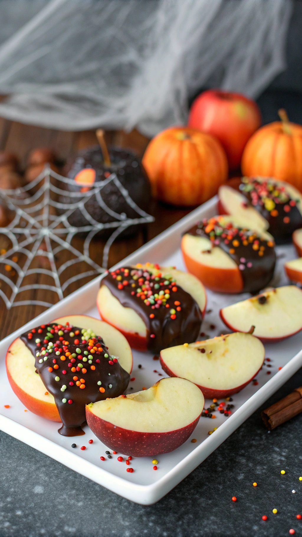 Chocolate-dipped apple slices with colorful sprinkles on a white plate, surrounded by pumpkins and Halloween decorations.