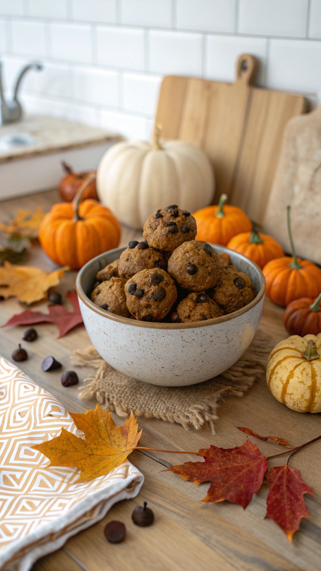A bowl of chocolate chip pumpkin energy bites surrounded by autumn leaves and pumpkins.