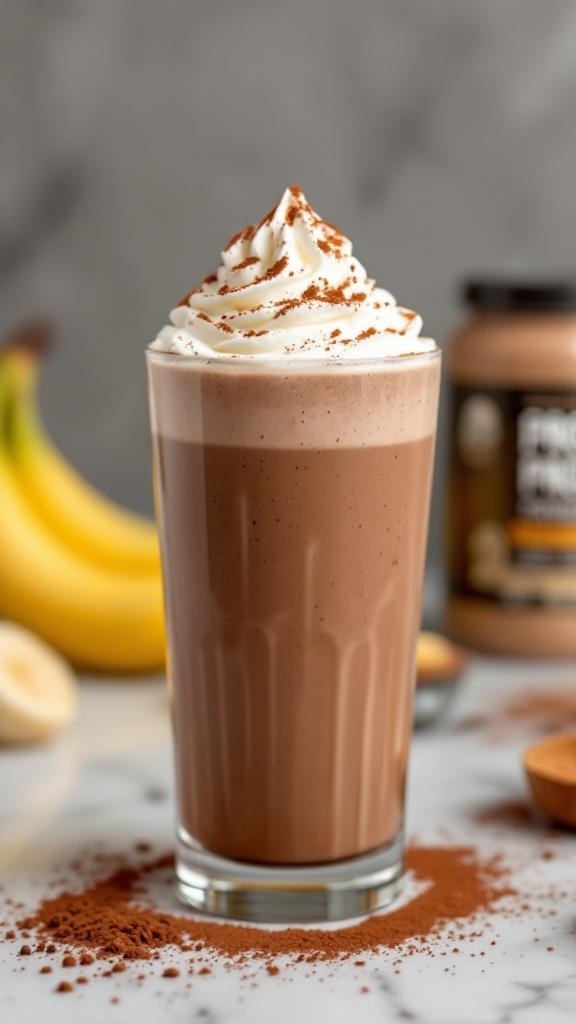 A chocolate protein smoothie topped with whipped cream and cocoa powder, with bananas and protein powder in the background.