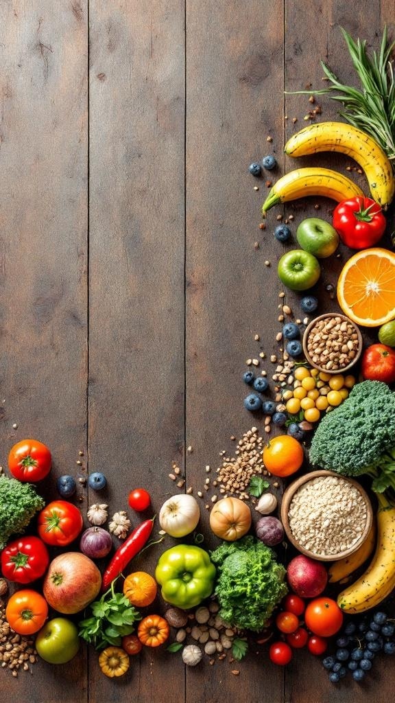 An assortment of colorful fruits, vegetables, grains, and nuts arranged on a wooden surface.