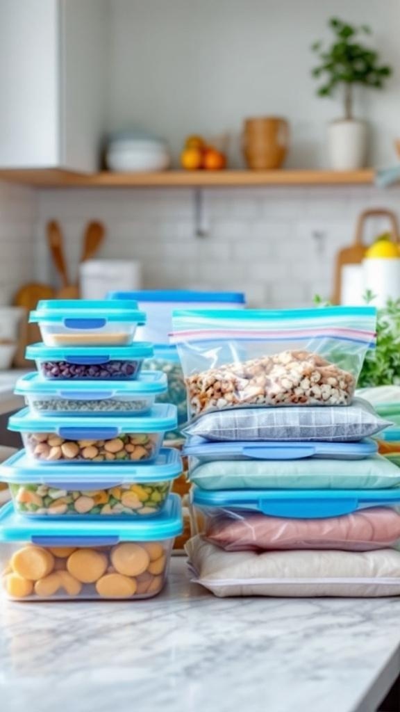 A variety of meal prep containers stacked neatly, including plastic containers and resealable bags, organized for freezing.