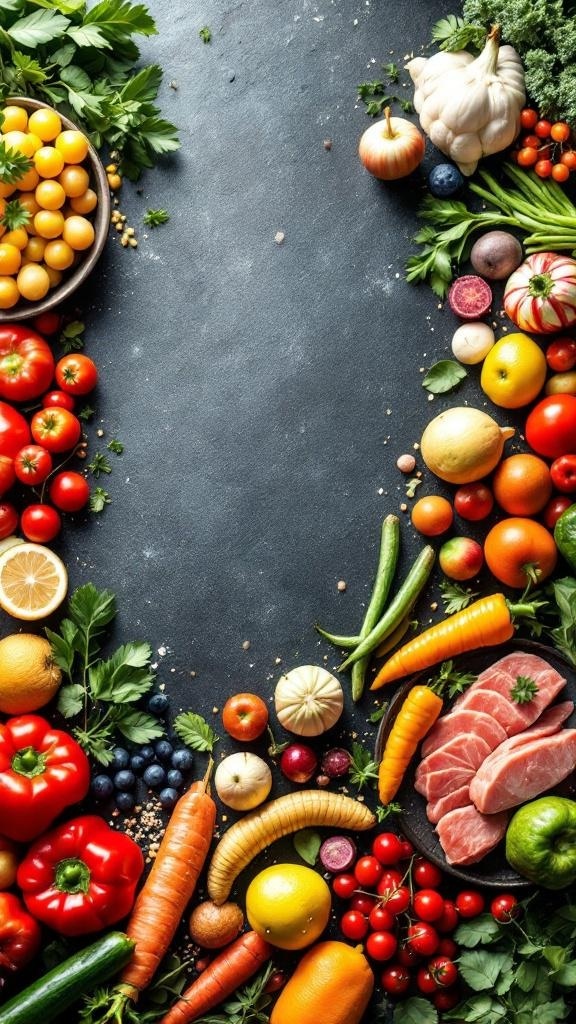 A colorful arrangement of fresh vegetables, fruits, and meats on a dark surface, showcasing ingredients ideal for meal prep.