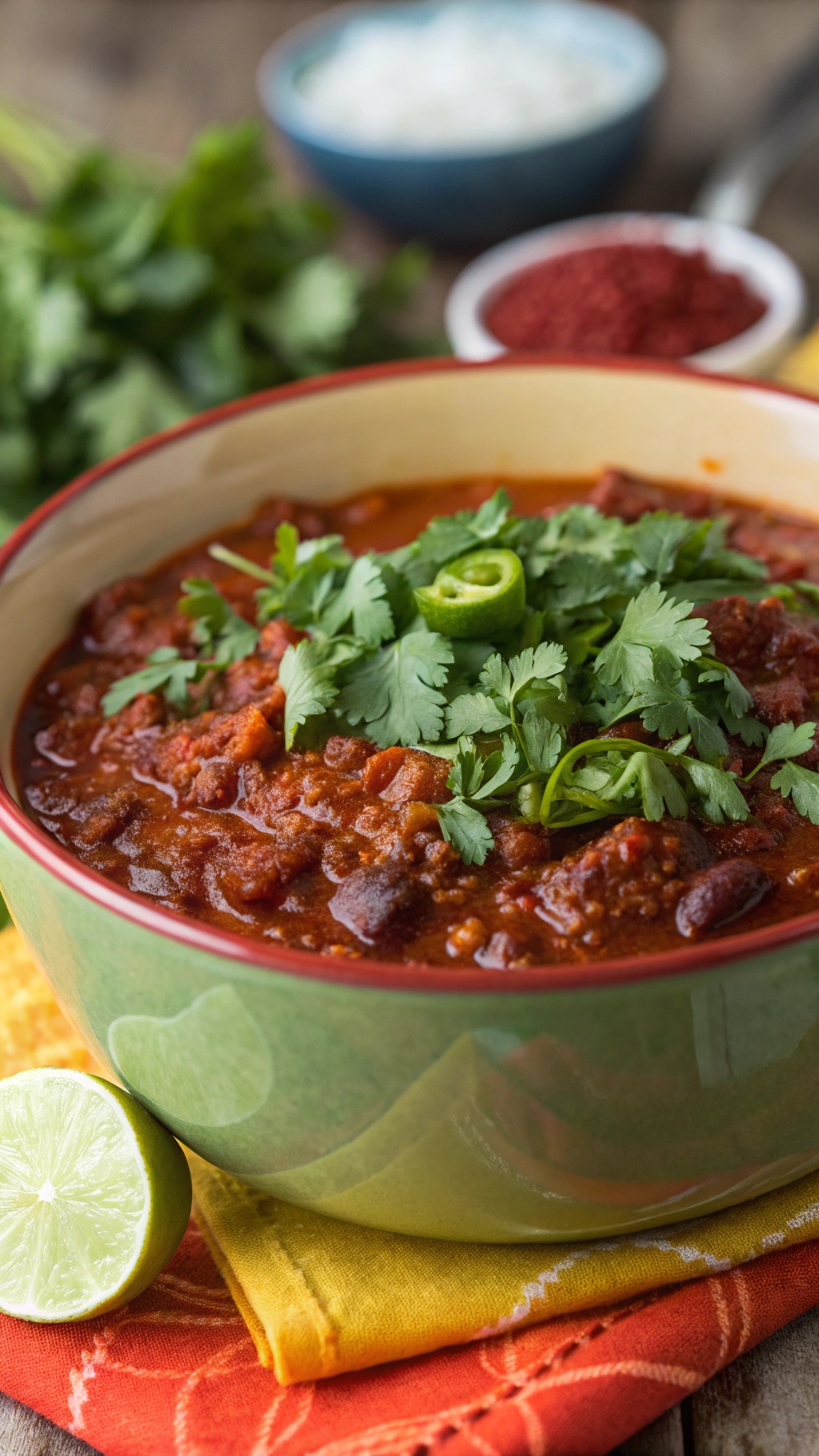 A bowl of chili topped with fresh cilantro and lime, with additional toppings in the background.