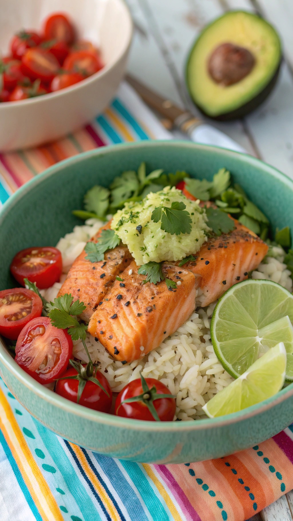 A bowl of cilantro-lime salmon with rice, cherry tomatoes, and avocado, garnished with cilantro and lime.