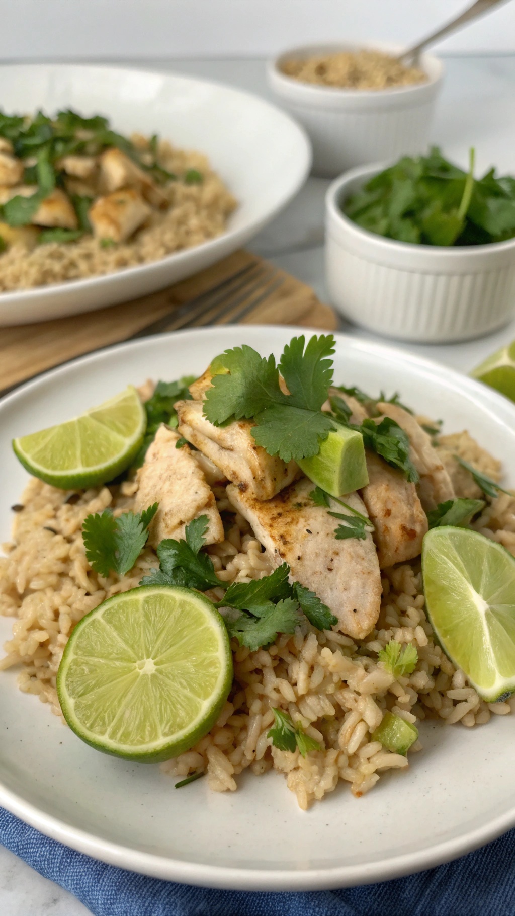 A plate of cilantro lime chicken served over brown rice, garnished with lime wedges and fresh cilantro.