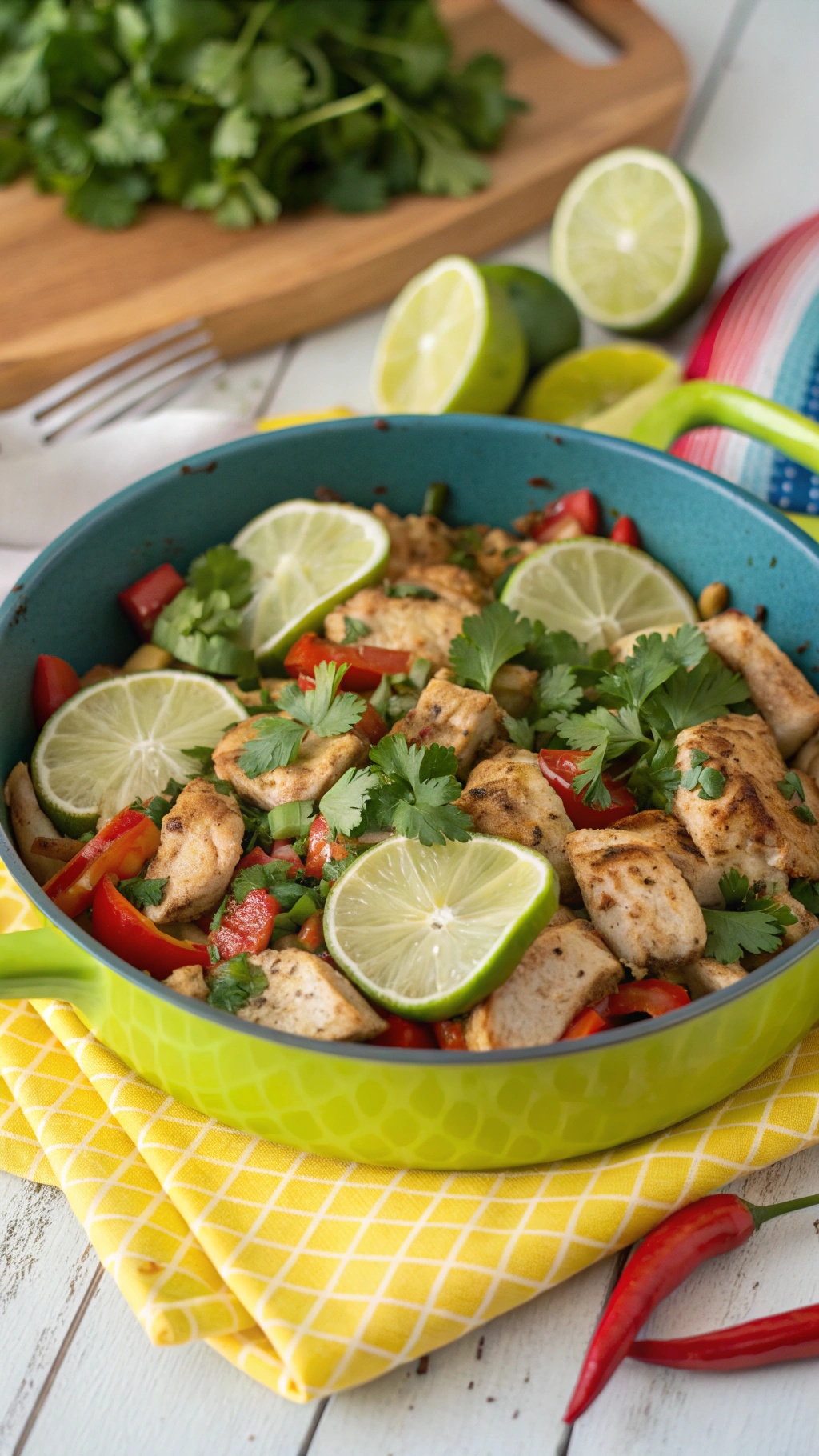 A colorful dish of cilantro lime chicken with bell peppers and lime slices in a green bowl.