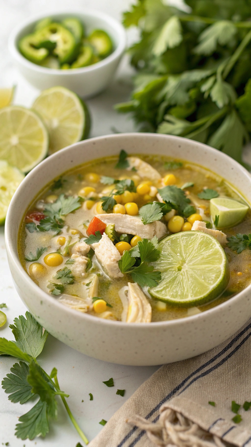 A bowl of cilantro lime chicken soup with fresh ingredients like lime and cilantro.