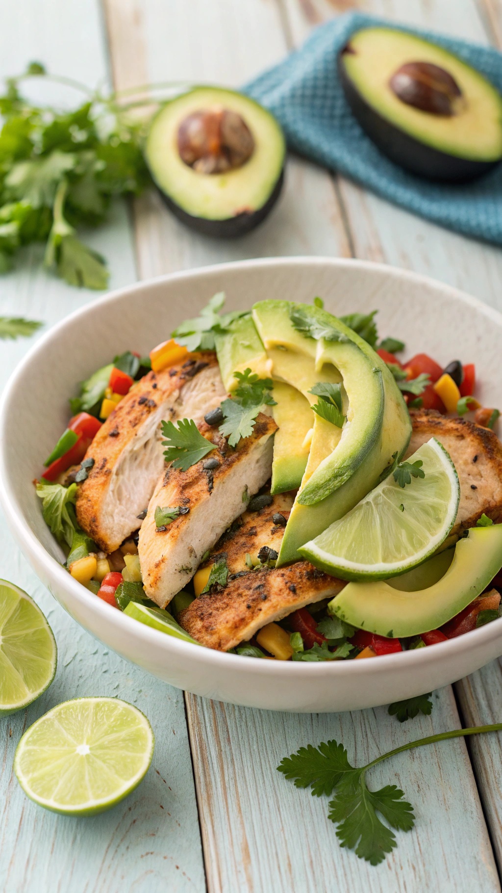 A bowl of cilantro lime chicken with avocado, garnished with cilantro and lime wedges.