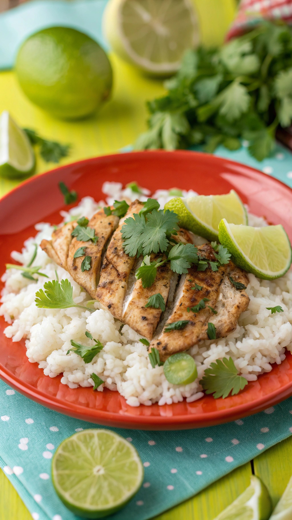 A plate of cilantro lime chicken served over rice with lime wedges and fresh cilantro.