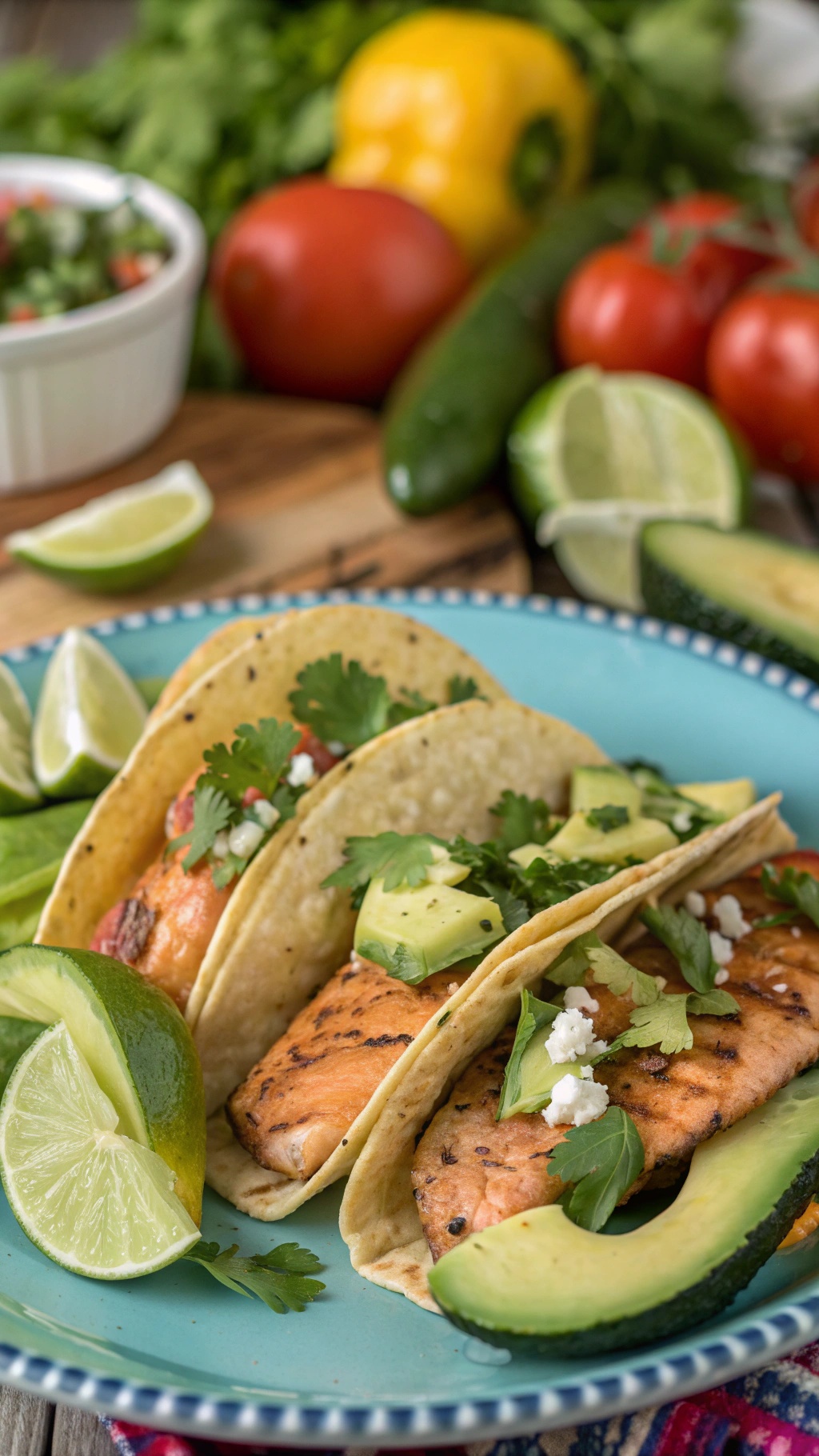 Cilantro lime salmon tacos with fresh ingredients and garnishes.