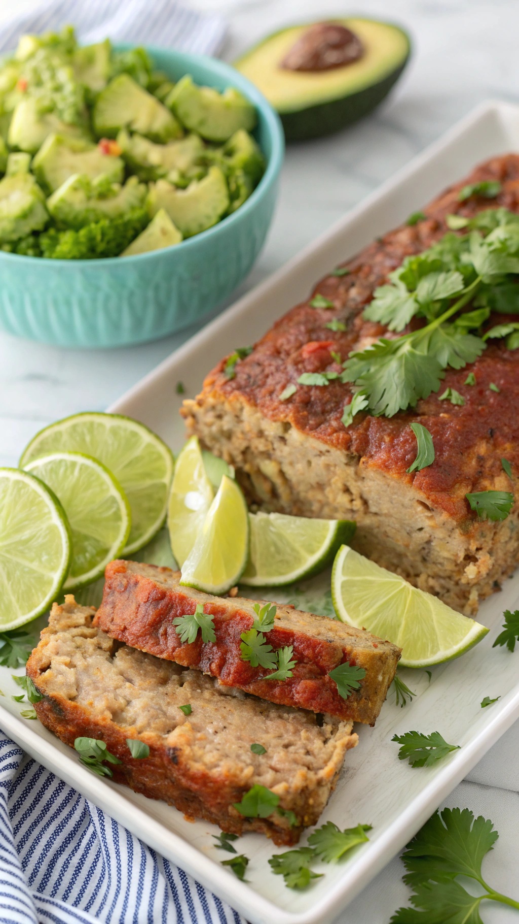 Cilantro Lime Turkey Meatloaf served with lime slices and a fresh salad