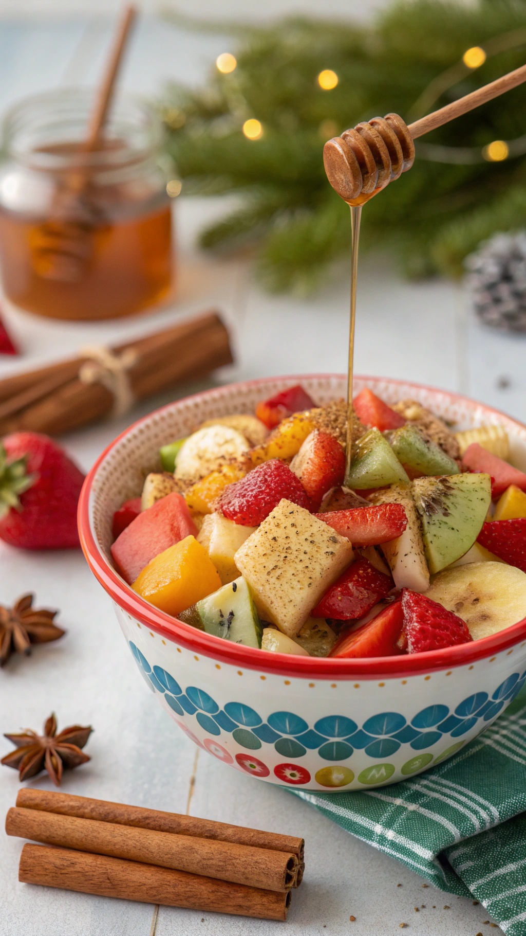 A colorful bowl of cinnamon-spiced fruit salad with honey drizzle and cinnamon sticks beside it.