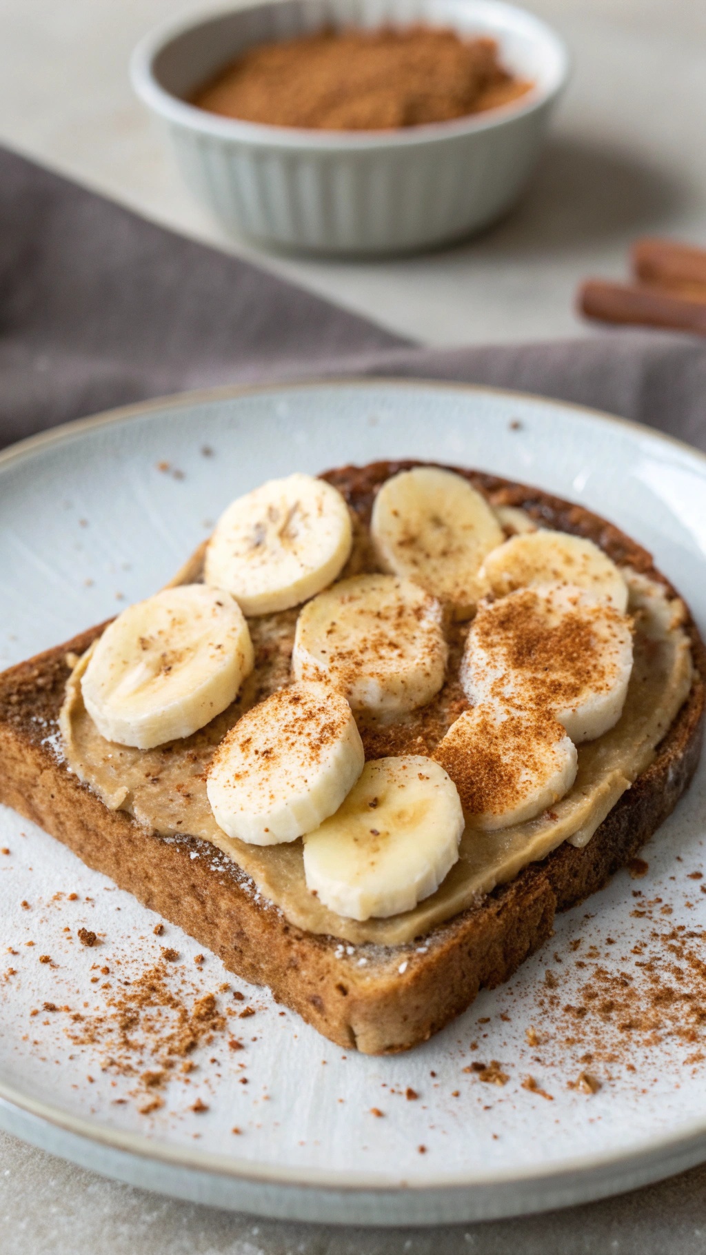 A slice of whole grain toast topped with almond butter, banana slices, and a sprinkle of cinnamon.