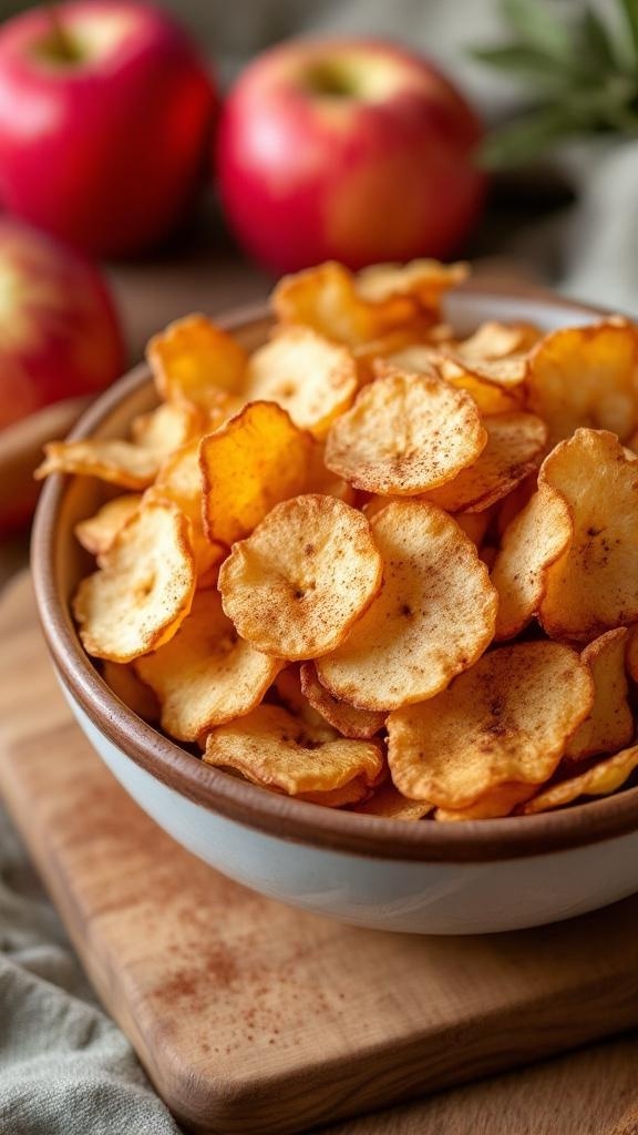 A bowl of crispy cinnamon apple chips with fresh apples in the background.