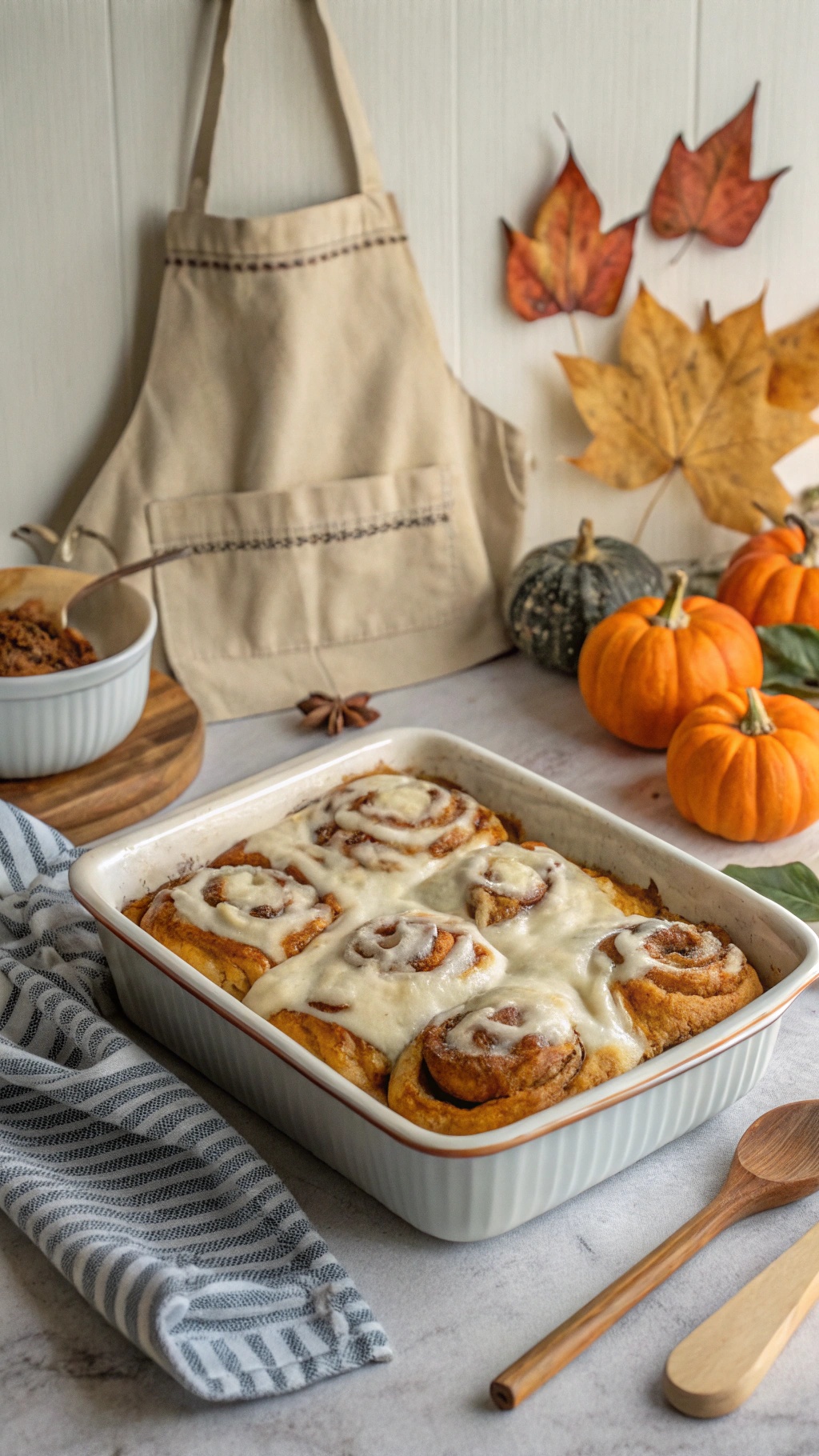 A delicious cinnamon roll casserole topped with cream cheese frosting, surrounded by fall decorations like pumpkins and leaves.