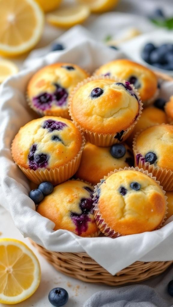 A basket filled with lemon blueberry muffins, surrounded by fresh lemons and blueberries.