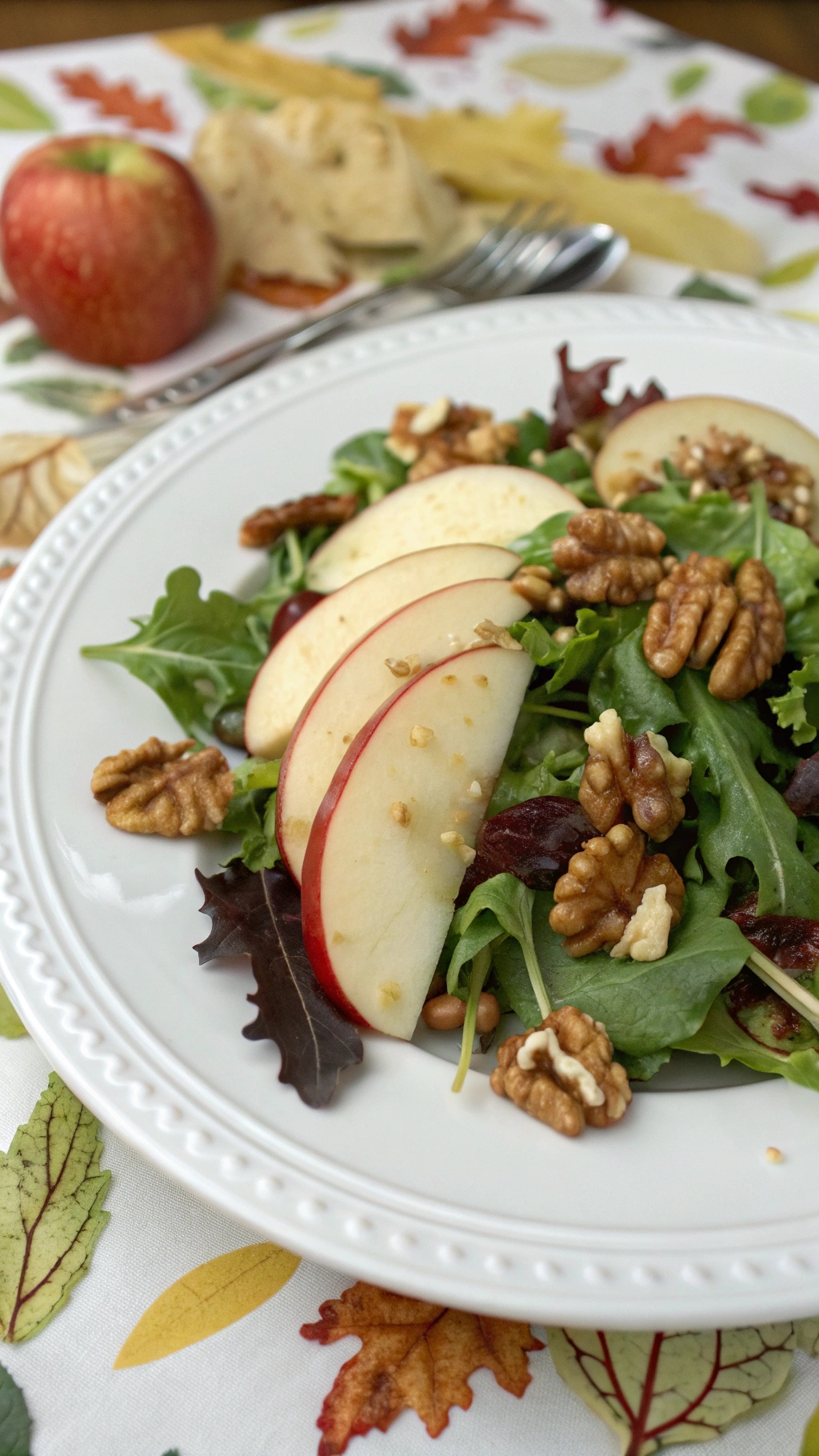 A plate of Classic Apple and Walnut Salad with sliced apples, walnuts, and mixed greens.