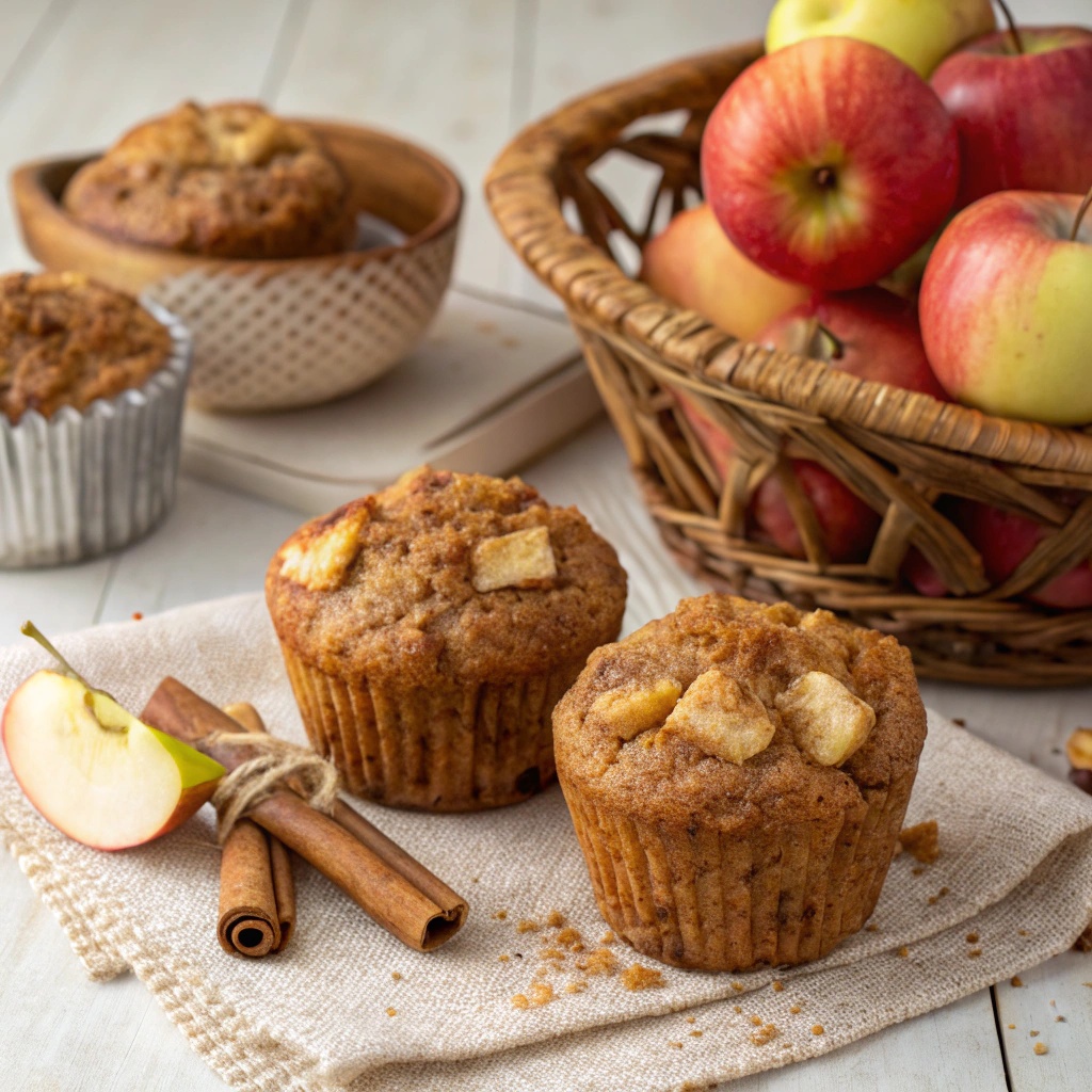 Delicious apple cinnamon muffins topped with chunks of apples and a sprinkle of cinnamon.