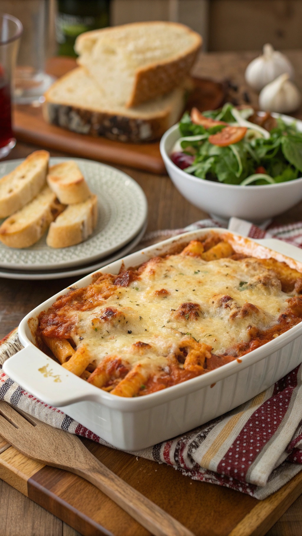 A delicious baked ziti dish served with salad and bread.