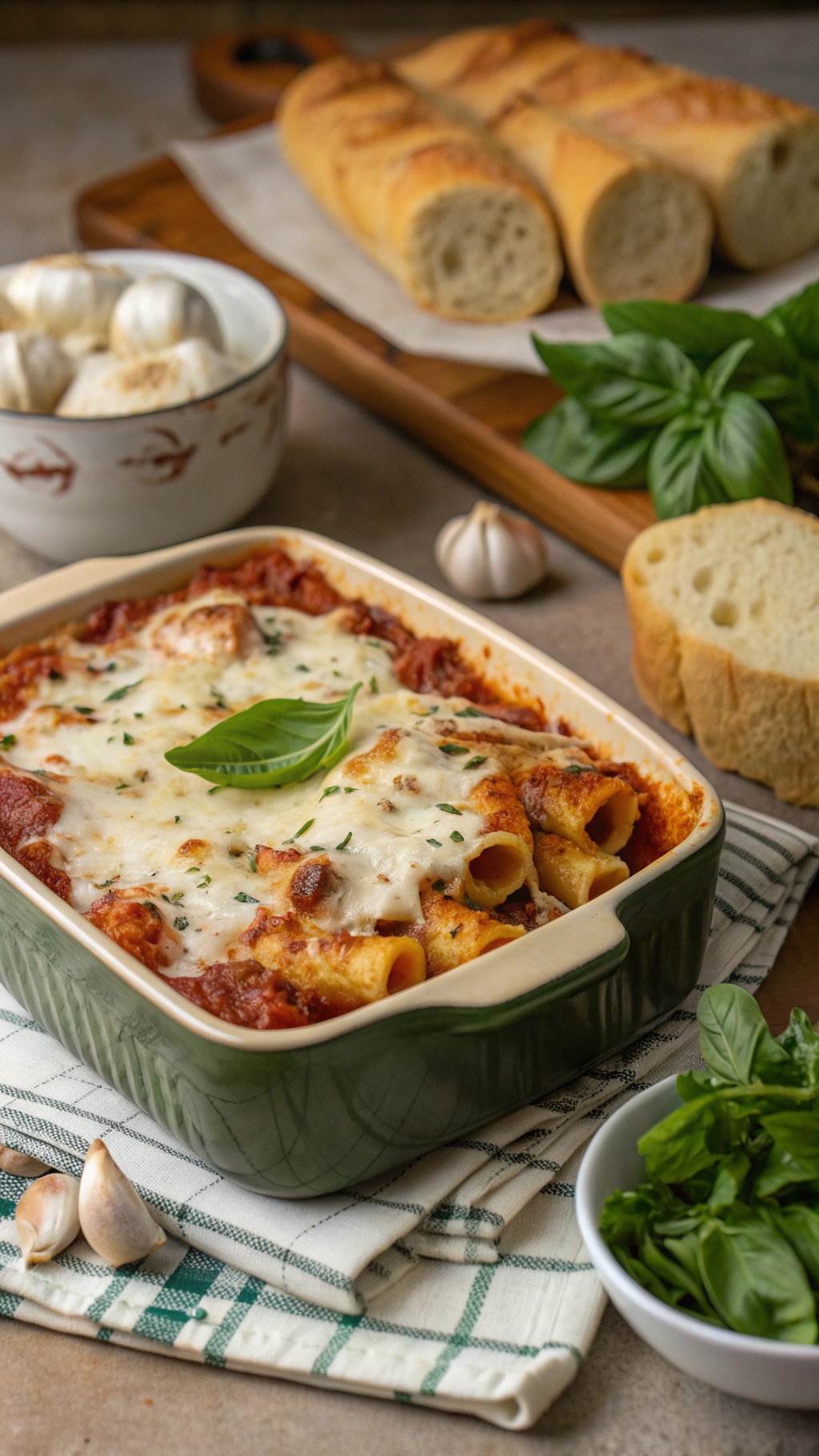 A delicious baked ziti topped with melted cheese and fresh basil, served with garlic bread.