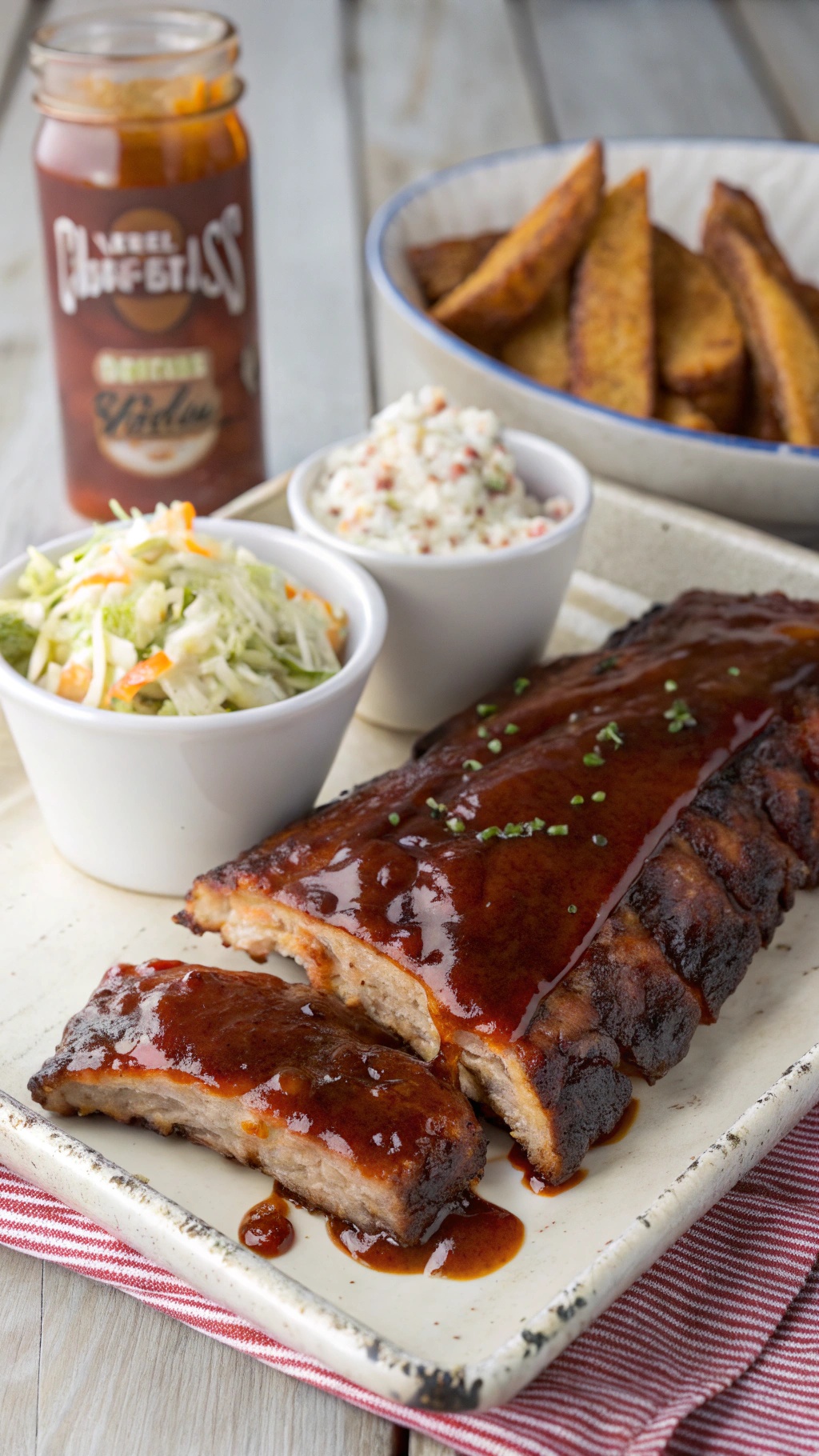 Delicious barbecue ribs with sauce, served with coleslaw and potato wedges.