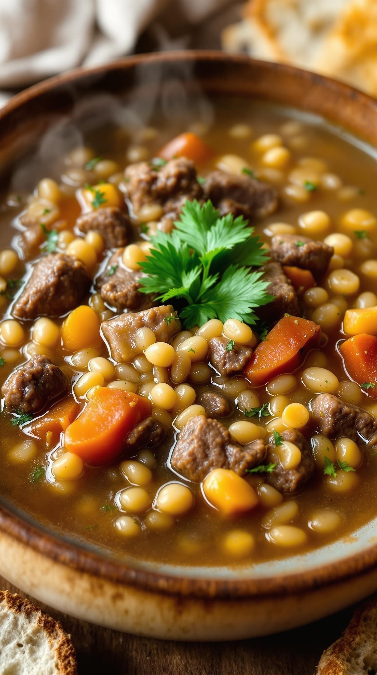A bowl of beef and barley soup with vegetables and herbs, served with bread on the side.