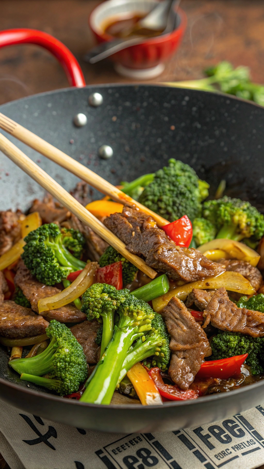 A colorful beef and broccoli stir-fry in a wok with chopsticks.