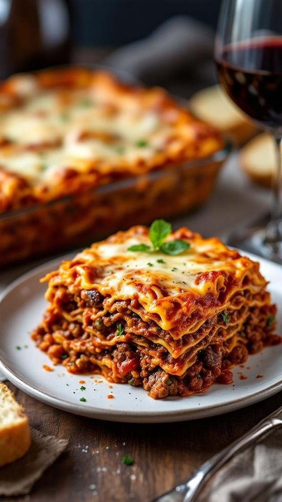 A delicious slice of classic beef and sausage lasagna on a plate, with a glass of red wine in the background.