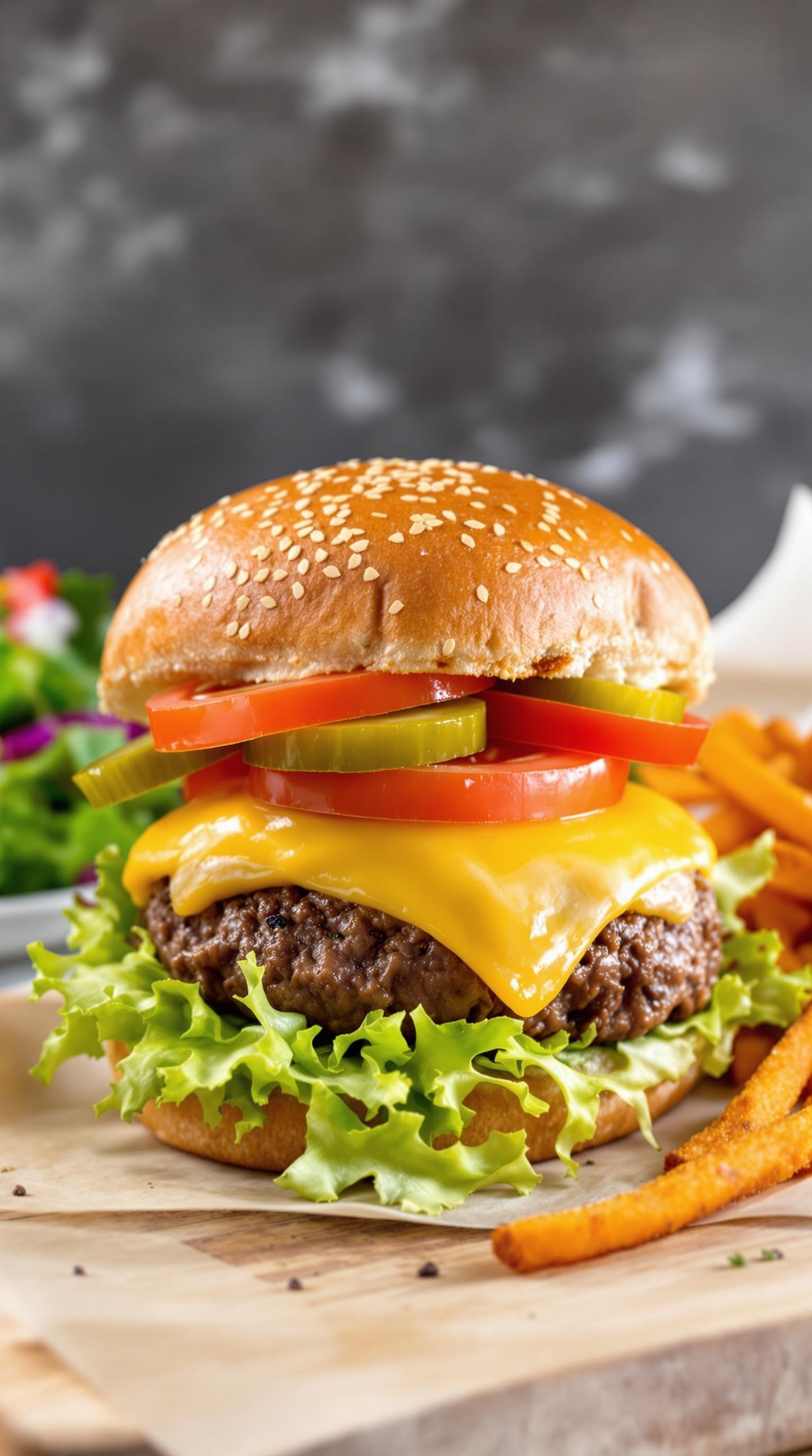 A classic beef burger with cheese, lettuce, tomato, and pickles on a sesame seed bun, served with sweet potato fries.