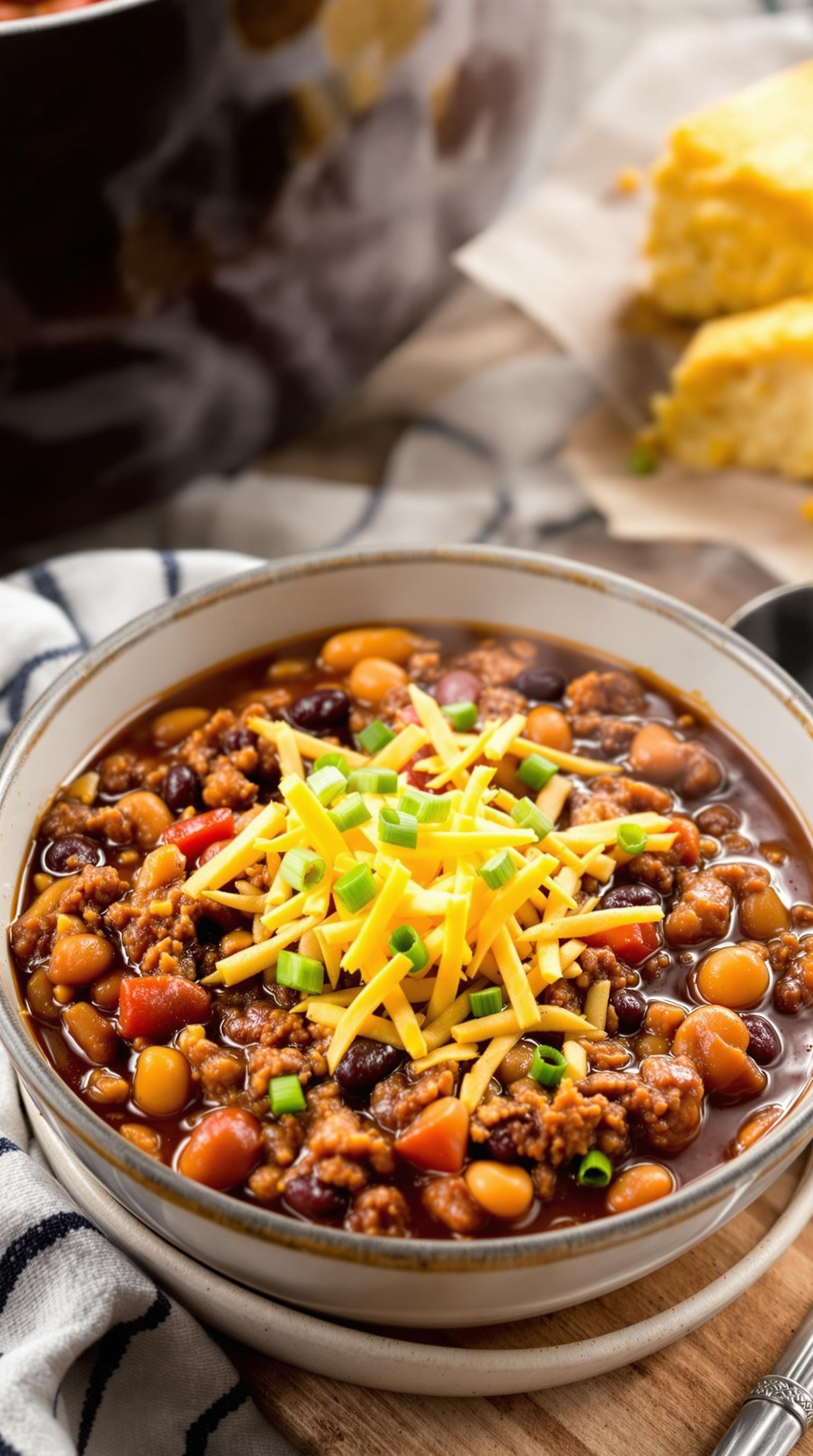 A bowl of hearty beef chili topped with cheese and green onions, served with cornbread.