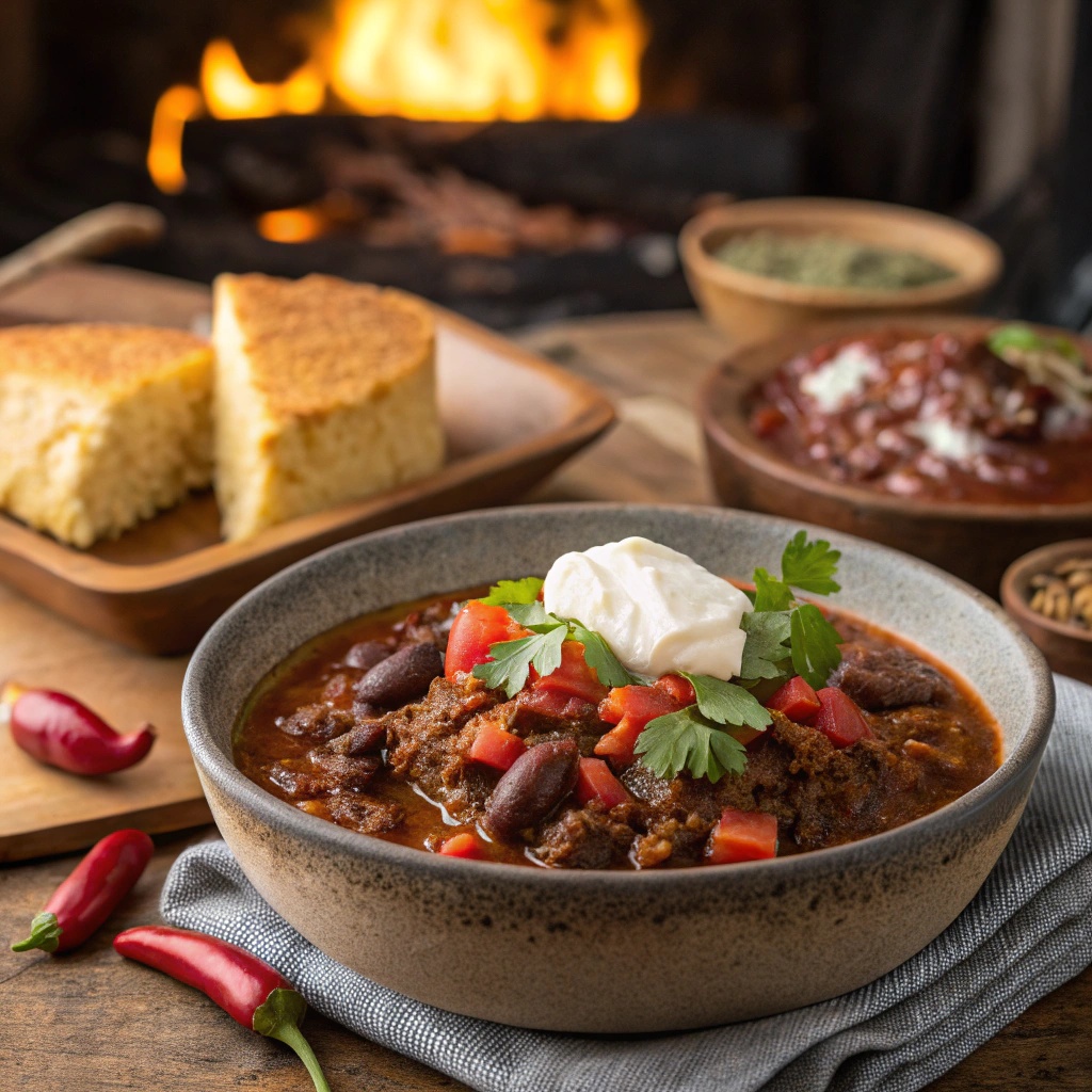 A bowl of hearty beef chili topped with sour cream and cilantro, showcasing a healthy twist on a classic comfort food.