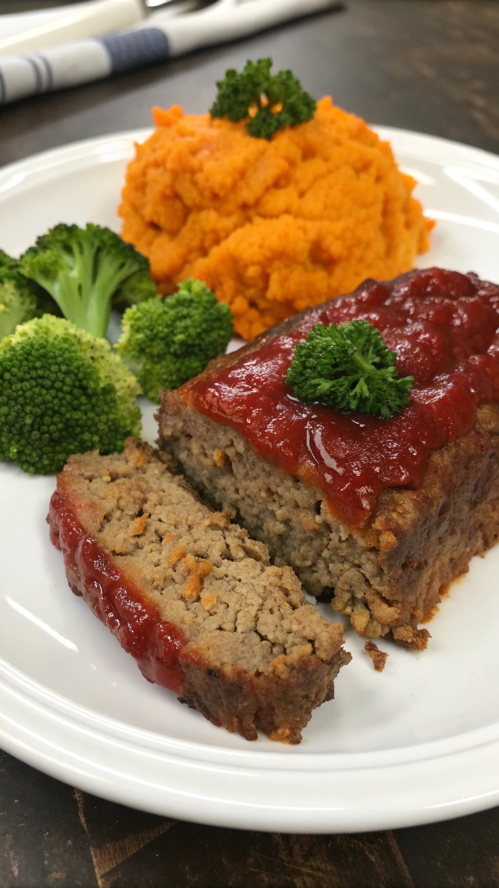 A healthy beef meatloaf served with broccoli and mashed sweet potatoes on a white plate.