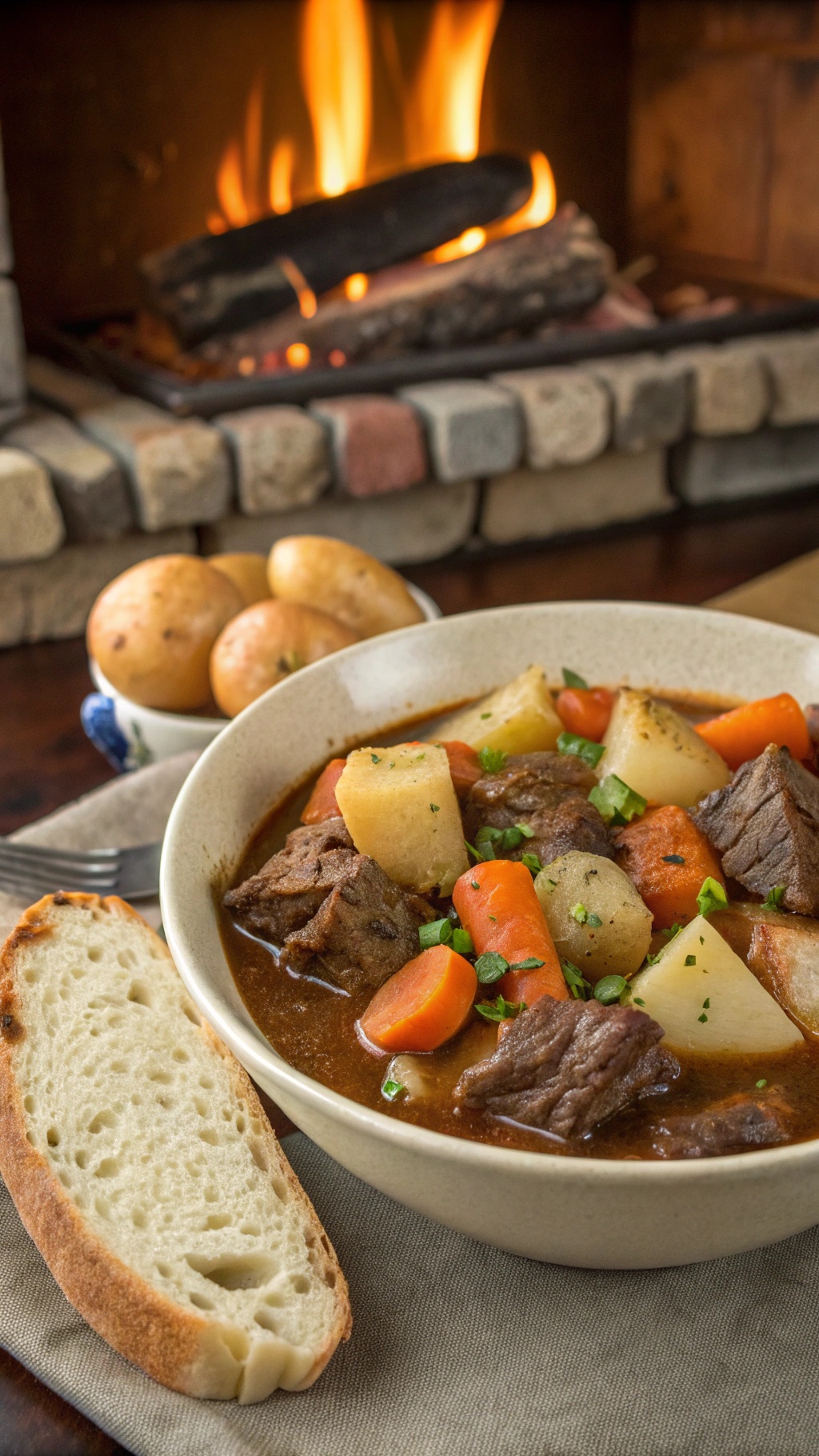 A cozy bowl of beef stew with vegetables, served with bread and a warm fireplace in the background.
