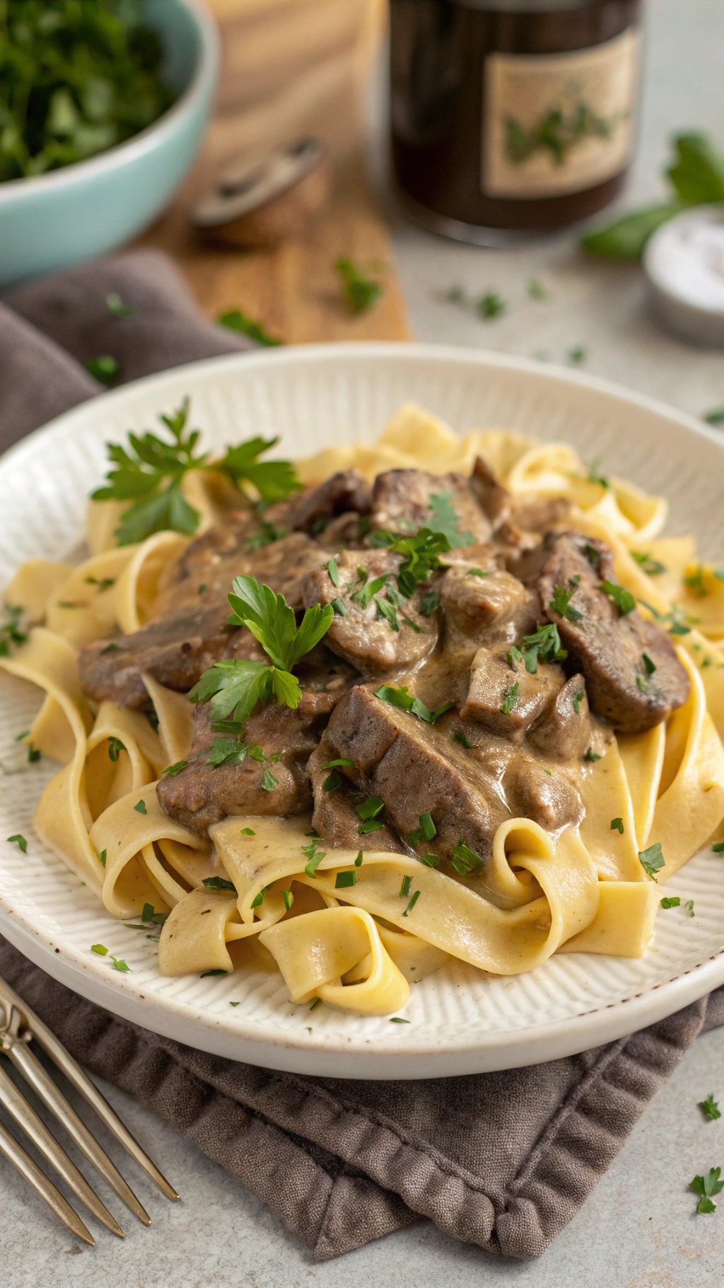 A plate of beef stroganoff served over egg noodles, garnished with parsley.