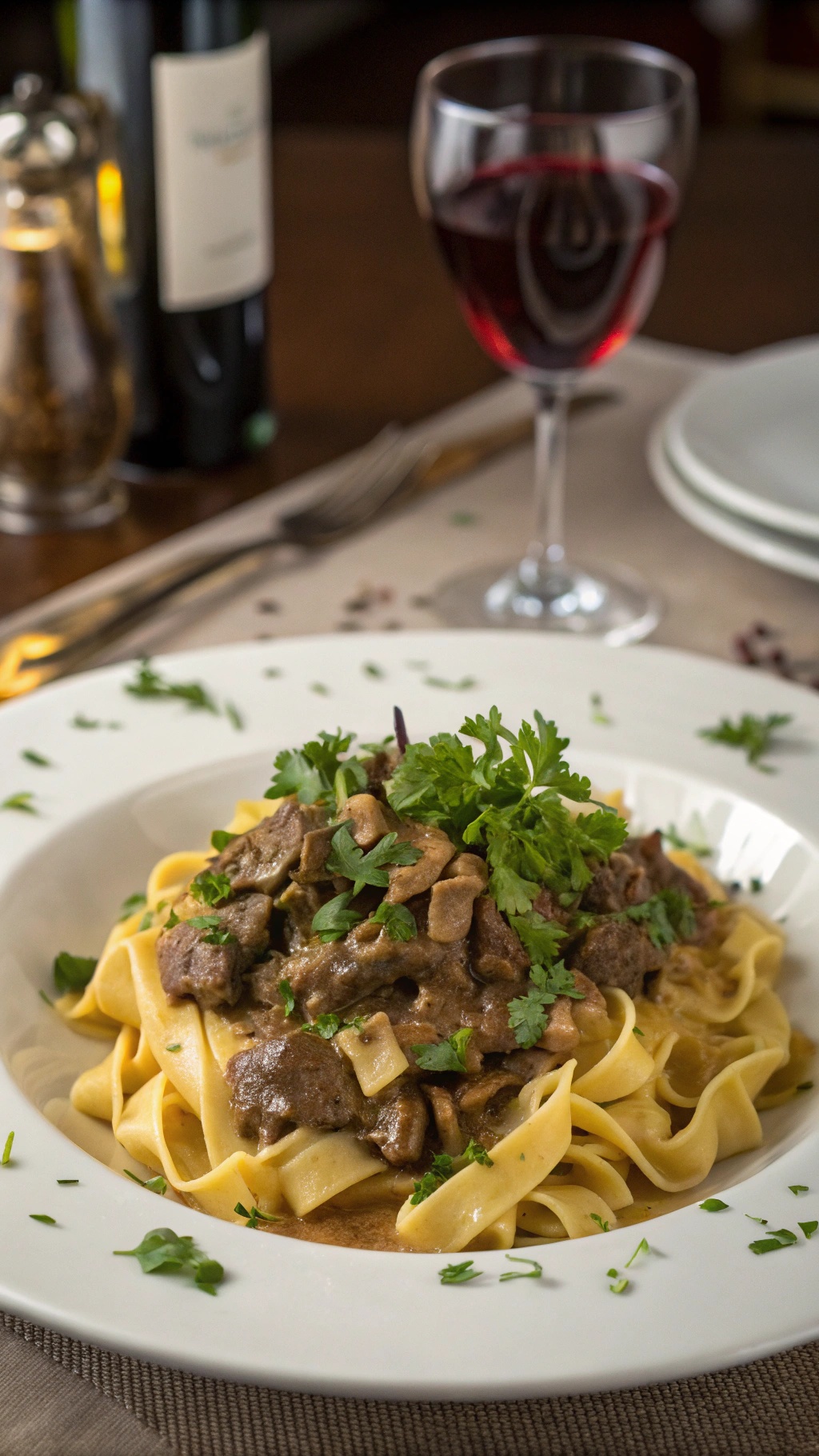 A delicious plate of beef stroganoff served over egg noodles, garnished with fresh parsley and accompanied by a glass of red wine.
