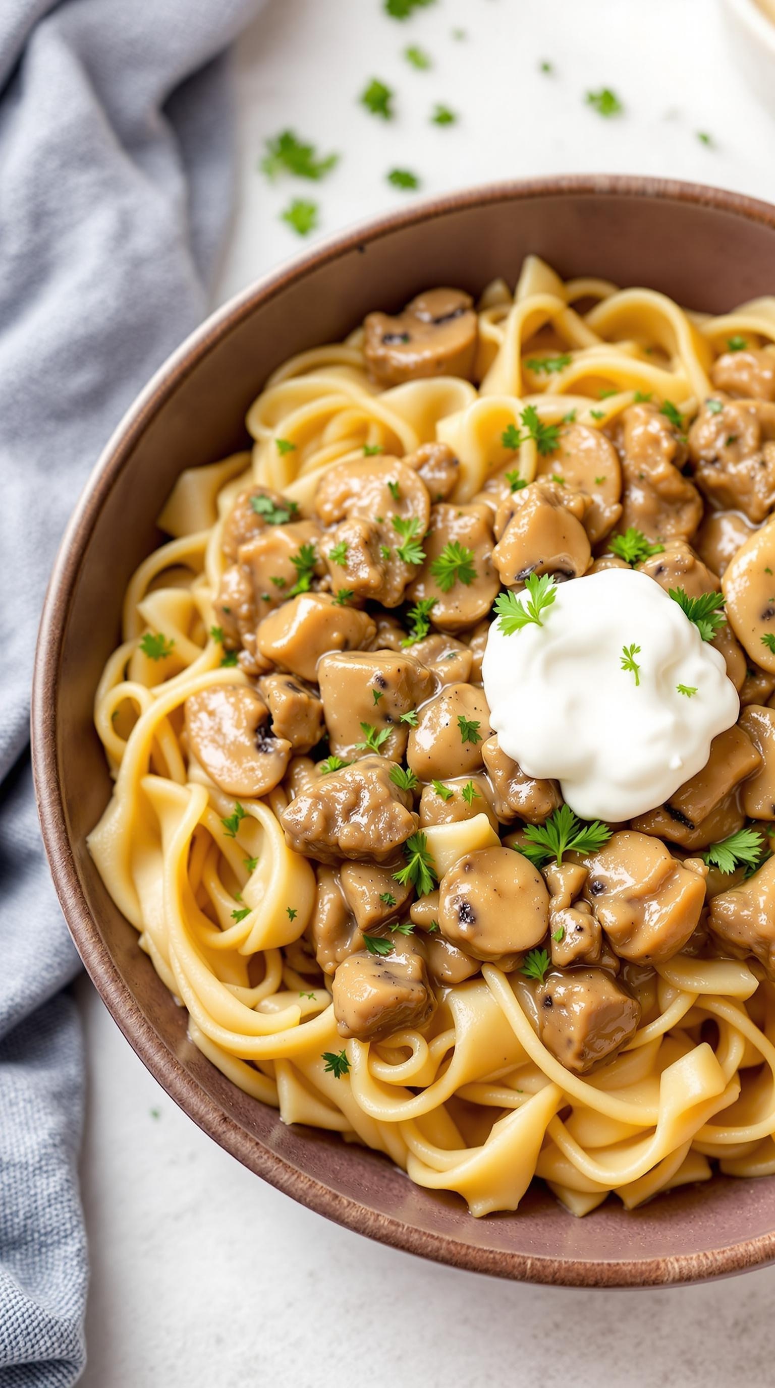 A bowl of healthy beef stroganoff with noodles and mushrooms, topped with a dollop of Greek yogurt and fresh parsley.