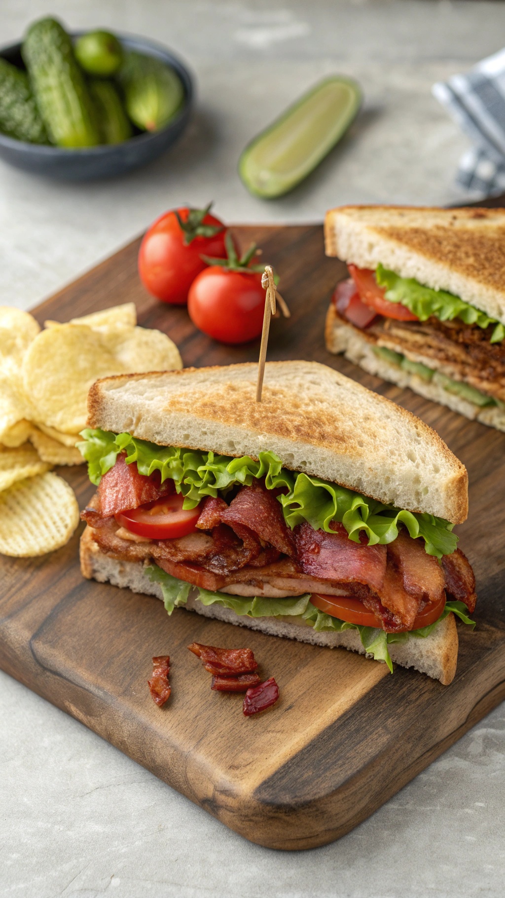 A classic BLT sandwich with crispy bacon, lettuce, and tomato on toasted bread, served with chips.