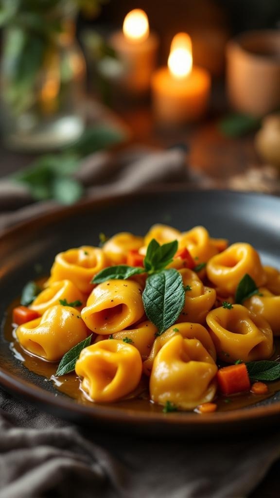 A plate of classic butternut squash tortellini garnished with fresh herbs.