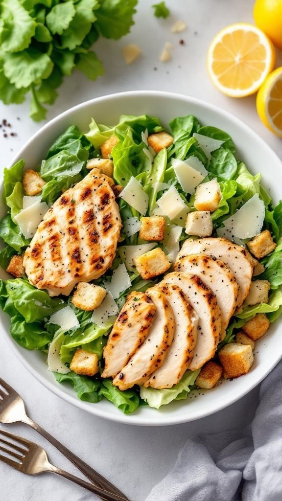 Classic Caesar Chicken Salad with grilled chicken, romaine lettuce, croutons, and lemon slices.